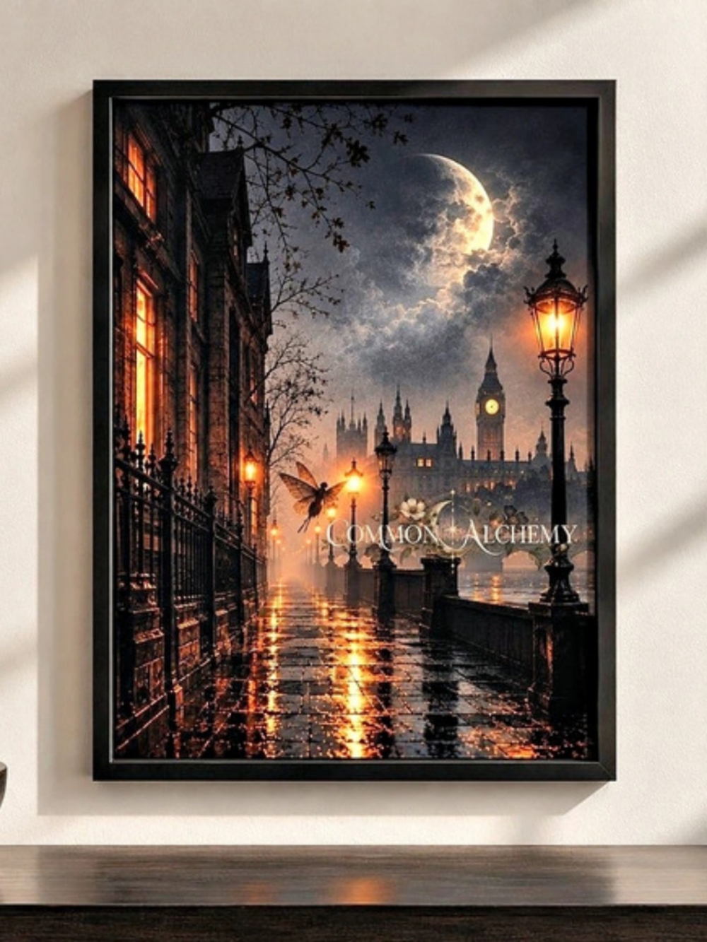 Gothic London Moth Wall Art Print, Dark Academia Moonlit City Art, 8.5 x 11